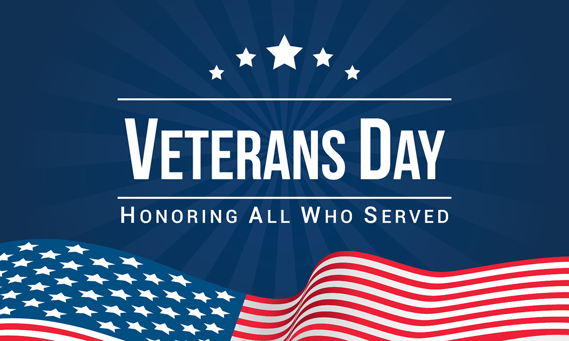 Image of flag waving with text "Veterans Day: Honoring All Who Served"