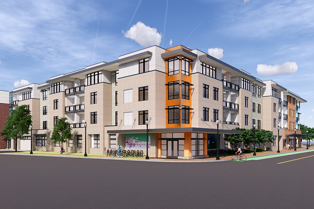 Architectural rendering of the corner of Transit St. and Posey Ln. Features a multi-story, mixed-income apartment building in a neighborhood urban center.