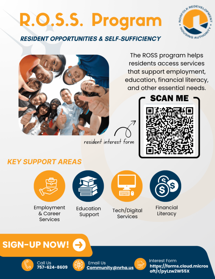 R.O.S.S. Program – Free Services for NRHA Residents Flyer for NRHA's R.O.S.S. Program, showing a group of smiling residents and listing service offerings for: employment, education, digital literacy and financial support. Includes a QR code as well as contact details and a link to sign up.