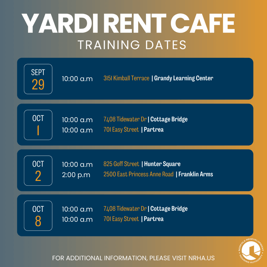 Flyer graphic with gradient blue-to-gold background titled ‘Yardi Rent Café Training Dates.’ Lists training dates: September 29 at Grandy Learning Center, October 1 at Cottage Bridge and Partrea, October 2 at Hunter Square and Franklin Arms, and October 8 at Cottage Bridge and Partrea. NRHA logo at the bottom right.